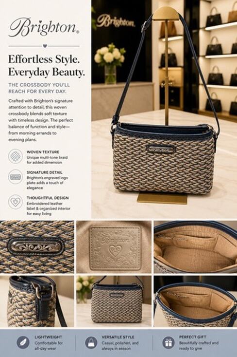 Brighton Handbags - Brighton woven straw & blue leather crossbody bag*decorative silver plaque
